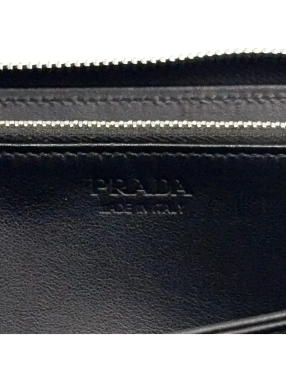 Prada Saffiano Embossed Logo Zip Around Leather Black Wallet Silver